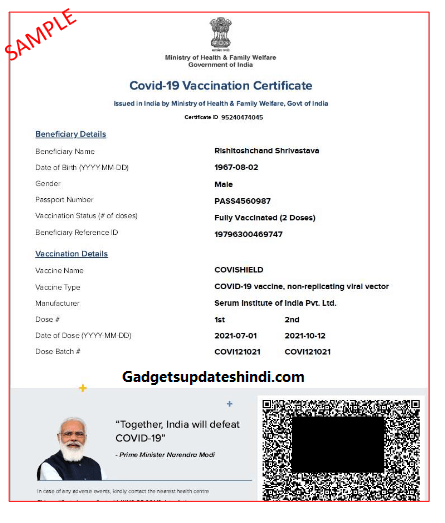 Download International Travel Sample cowin gov in Certificate