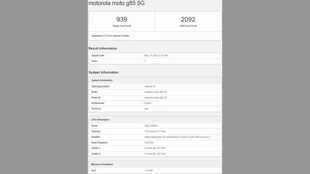 Moto G85 5G Geekbench Listing