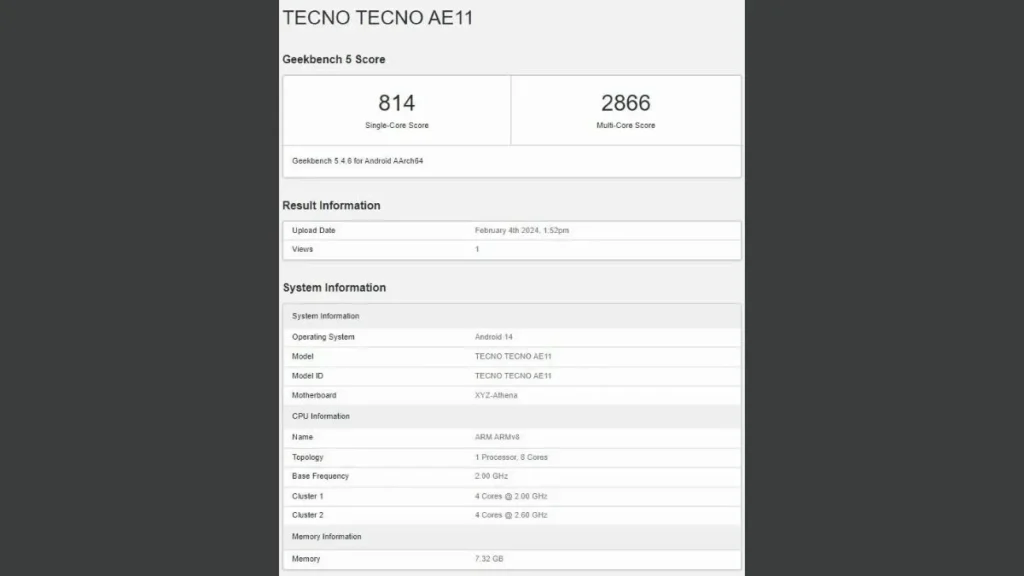 Tecno Phantom V2 Flip Geekbench Report